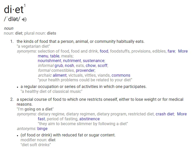 diet definition from google which second definition says that diets are a special course of food to which one restricts oneself to lose weight