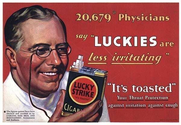 picture of doctor in 1920's holding up a cigarette in an advertisement showing how the medical industry is flawed